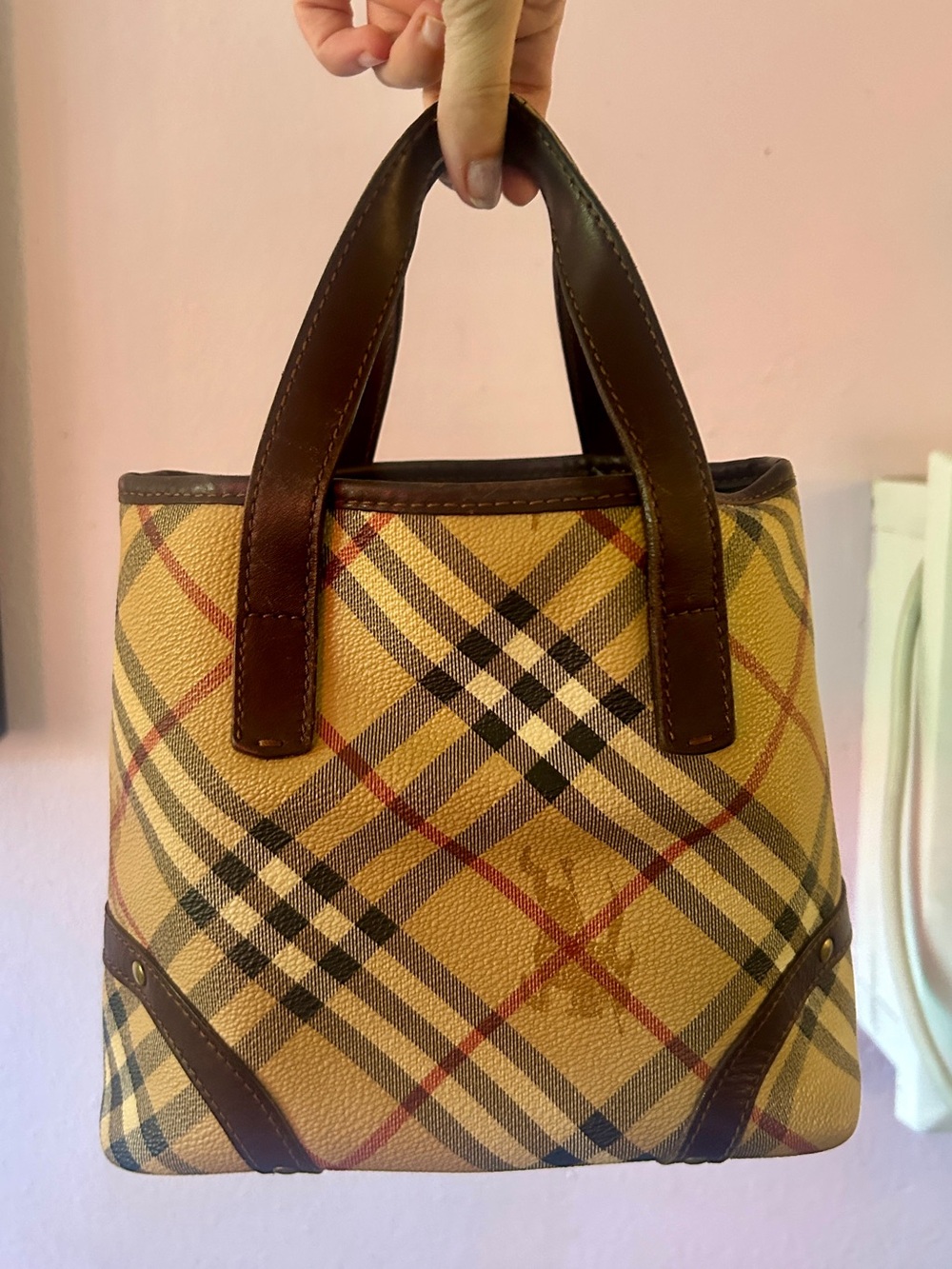 BURBERRY VTG Y2K Haymarket Coach Mini Tote Handbag Top Handle Leather Brown Tan - Picture 1 of 16